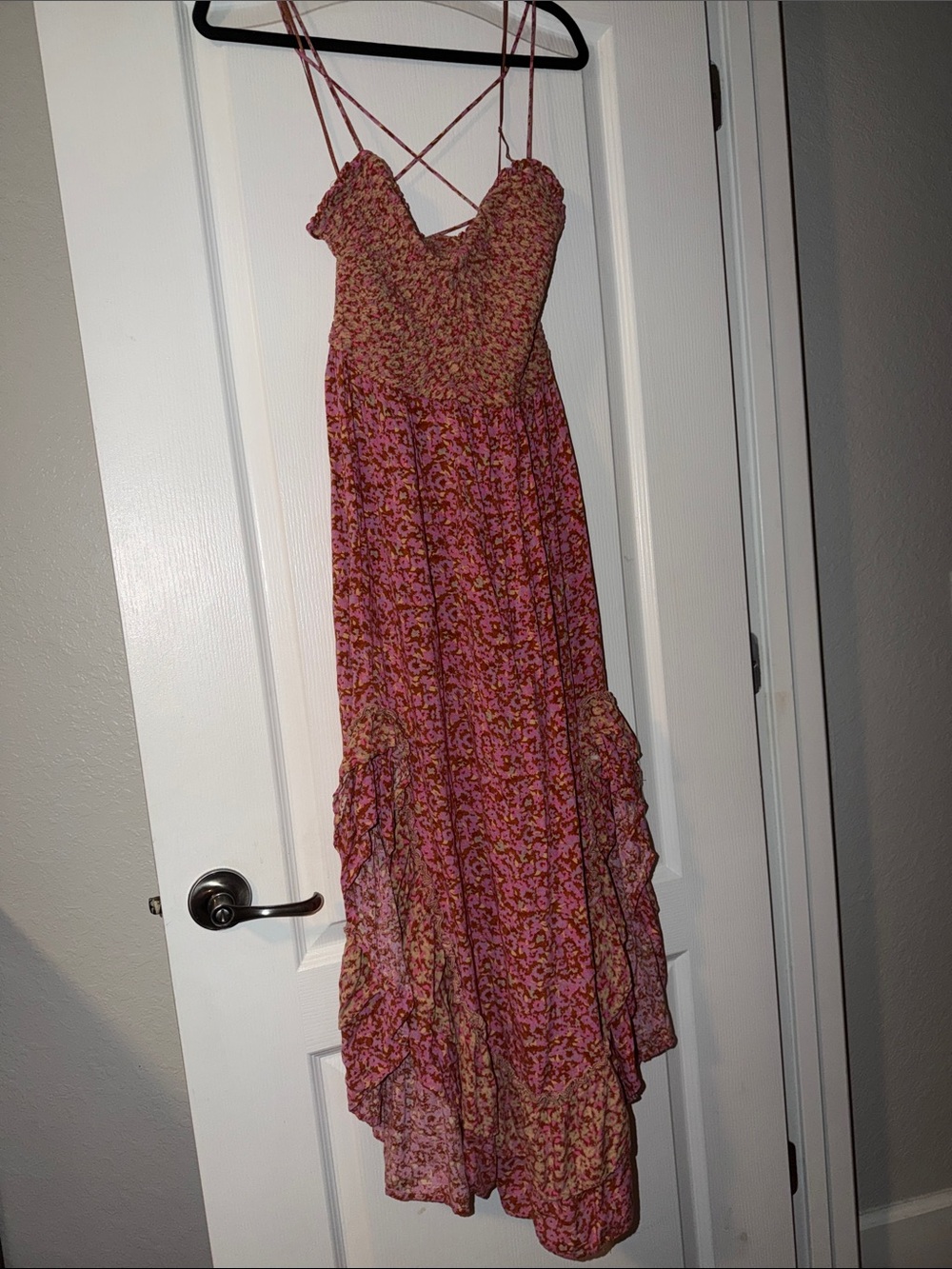 Free People Pink Floral Smocked Maxi Dress with Crisscross Straps